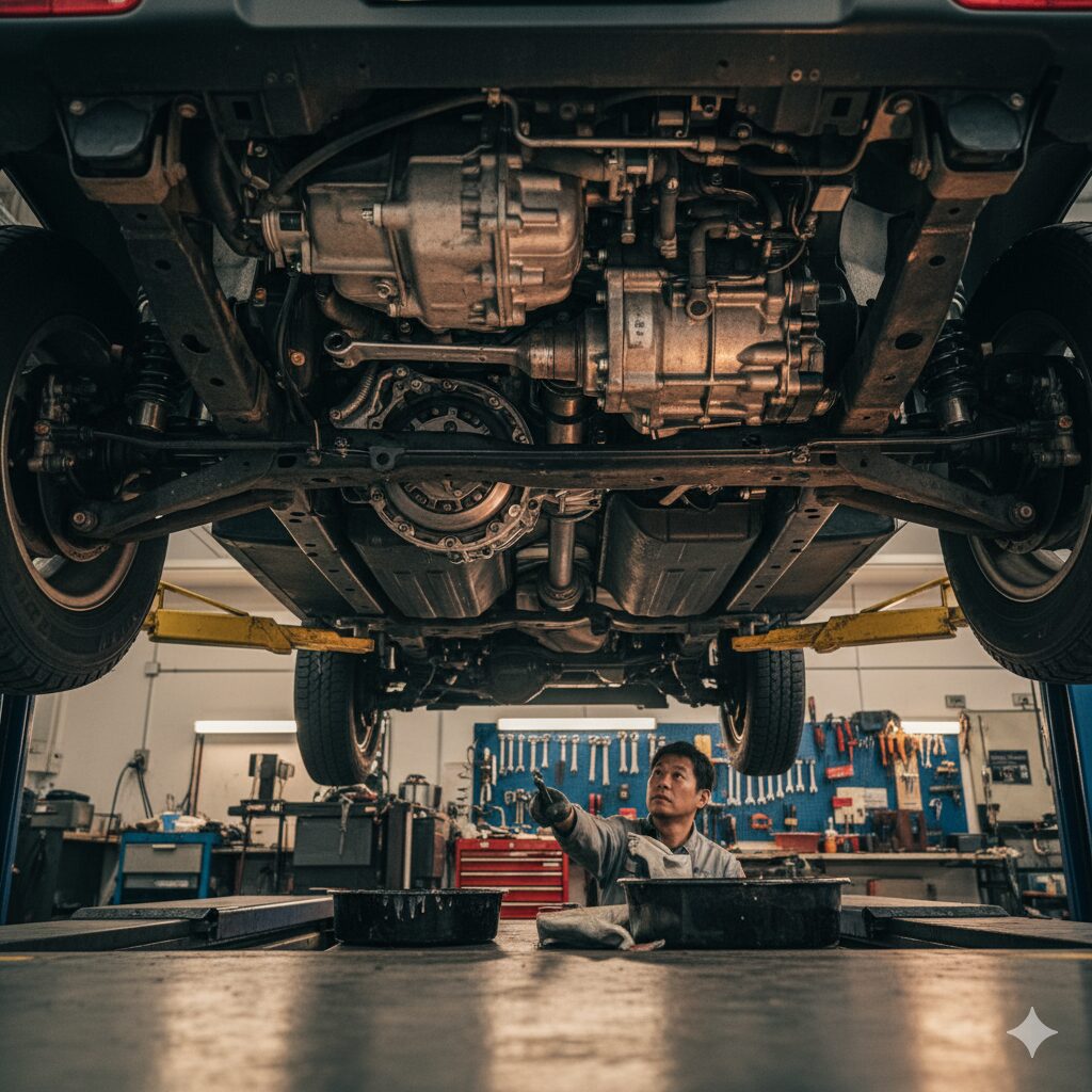 - リフトアップされたジムニーJB23の車体の下で、メカニックのアジア人男性がトルクコンバーターを指差し、構造を説明している。