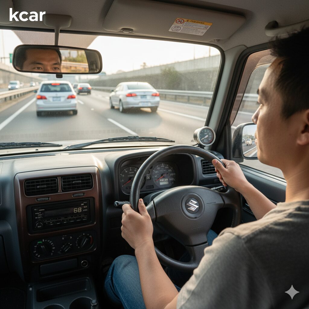 - ジムニーJB23の運転席から見た視点で、アジア人男性が高速道路を運転している。前方にはブースト計が設置されている。