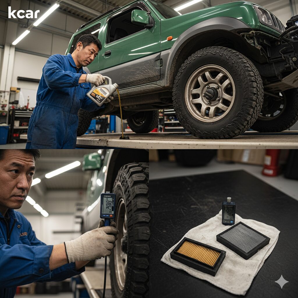 - ジムニーJB23のメンテナンス作業を行うメカニックのアジア人男性。エンジンオイル交換、タイヤの空気圧点検、エアフィルターの清掃・交換をしている。