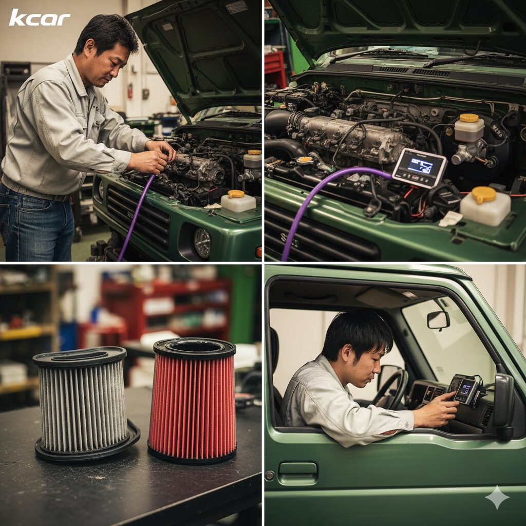 - ジムニーJB23の燃費改善に関するカスタムの比較。メカニックのアジア人男性がトランスファーのギア交換作業をしている写真と、リフトアップおよび大径タイヤによる燃費悪化を示すグラフィック、ハイギア化による高速燃費改善を示すグラフィックが配置されている。