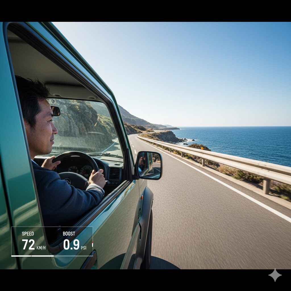 - 晴れた日の海岸線を運転するジムニーJB23の運転席からの視点。アジア人男性がハンドルを握り、車内のディスプレイには速度とブースト圧が表示されている。