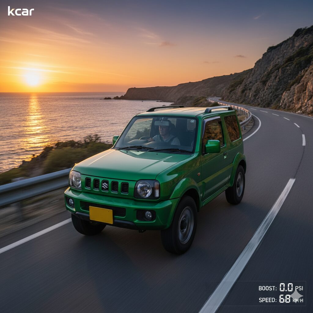 - 夕暮れ時の海岸線を走る緑色のジムニーJB23。運転席にはアジア人男性が乗っており、ダッシュボードにはブースト計が表示されている。