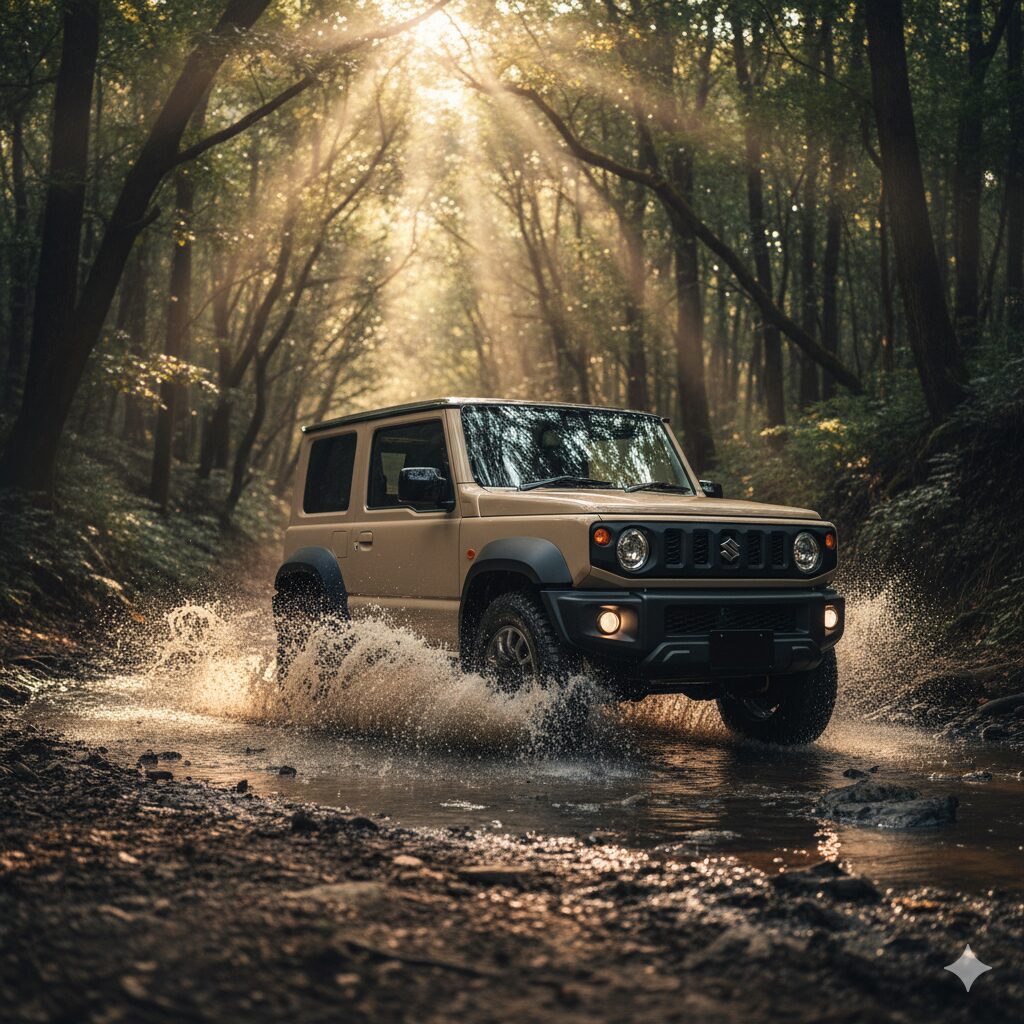 森の中のぬかるんだ道を走行するベージュ色のJB64ジムニー。水たまりを通過する際に水しぶきが上がっており、上空からは光が差し込んでいる。