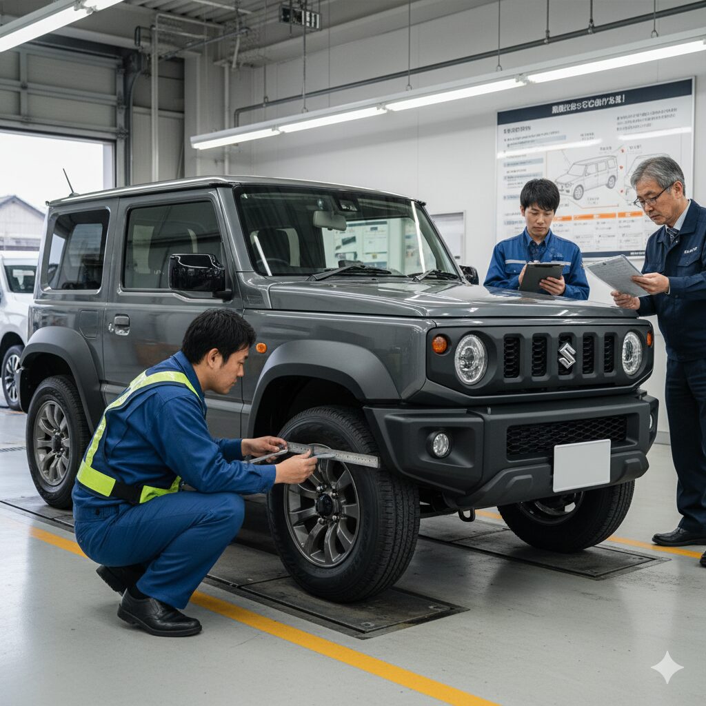 車検場でグレーのJB64ジムニーのタイヤ幅を計測する日本人検査官。他の2人の検査官が書類とタブレットを確認しながら議論している。