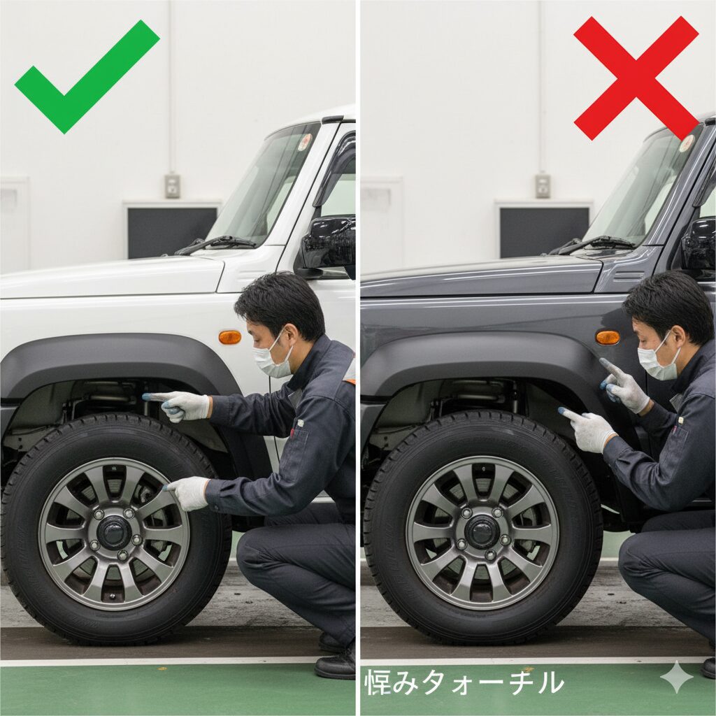 ジムニーの車検におけるオーバーフェンダーの適合例と不適合例を比較した画像。左は純正フェンダーモールで適合、右はオーバーフェンダーからはみ出したタイヤで不適合となっている。検査員が車両を点検している。