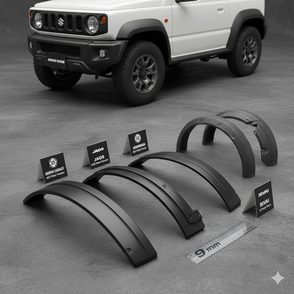 車体に取り付ける前のJB64ジムニー用9mmオーバーフェンダー製品が複数並べられている。JAOS、SHOWA GARAGE、RIVAIなどのブランドのものが展示されており、9mmを示す定規も置かれている。