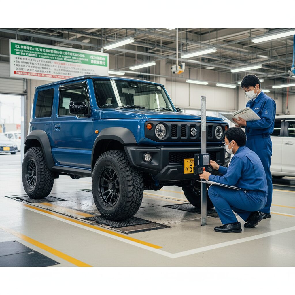 車検場で青色のJB64ジムニーの構造変更検査を行う日本人検査官たち。一人が車両の寸法を測定し、もう一人が書類を確認している。車両には5ナンバーの仮ナンバーが装着されている。