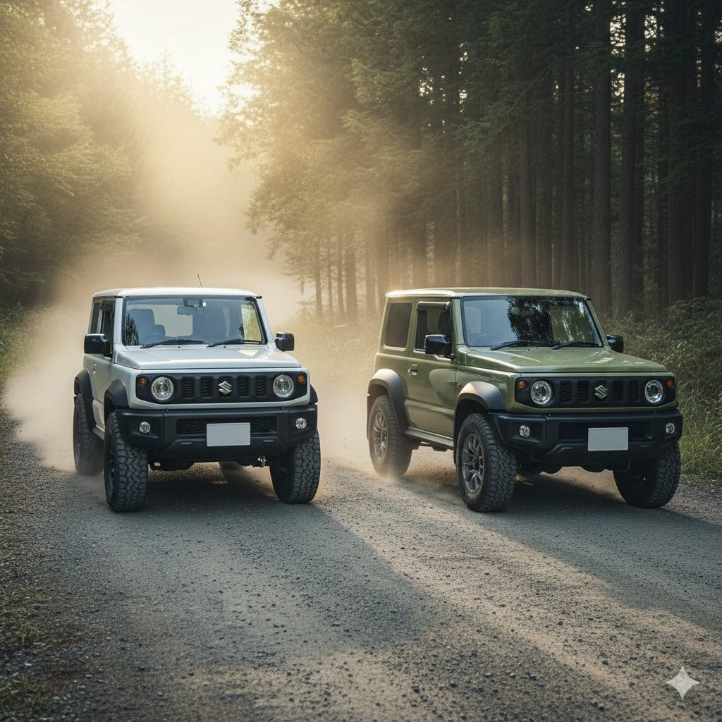 砂利道を走行する2台のジムニー。手前は白色のJB64、奥はカーキ色のJB64で、いずれもオーバーフェンダーを装着している。背景には森が広がり、夕日が木々の間から差し込んでいる。