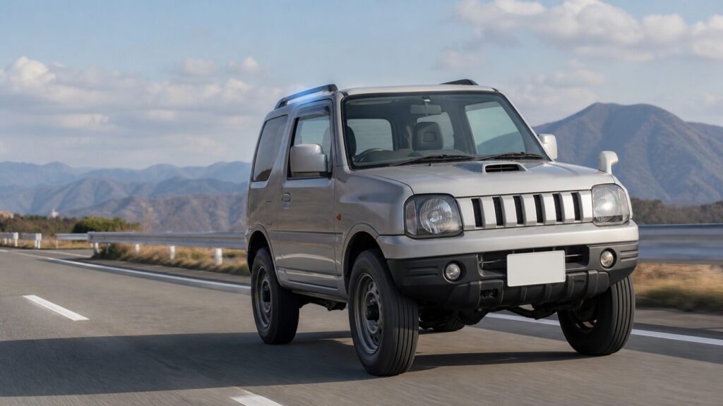 A Suzuki Jimny JB23 generation kei off-roader driving on an open country road in Japan, seen from a front thre