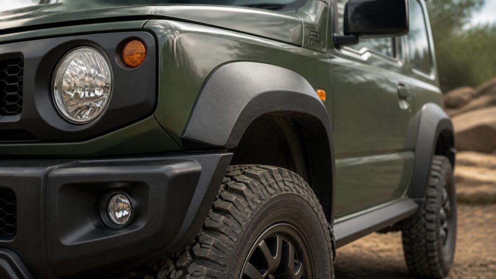 Close-up of a Suzuki Jimny front fender and wheel arch area showing a fitted over-fender flare, parked outdoor