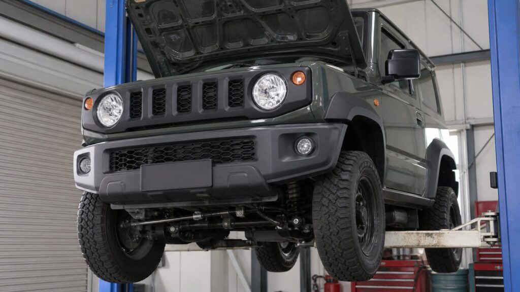 A Suzuki Jimny raised on a workshop lift seen from a low angle, engine bay area and underbody visible, clean g