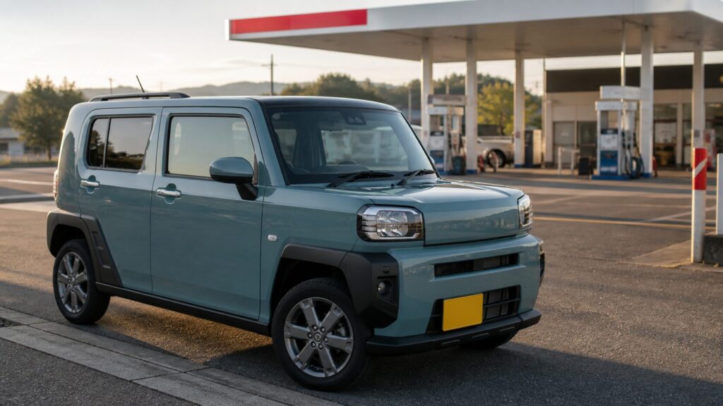 TAFT parked at a roadside in Japan with a fuel station in the background, late-afternoon light. The theme is t