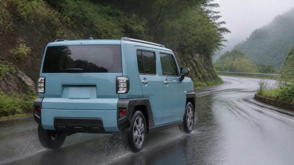 TAFT driving on a wet mountain road seen from a rear three-quarter angle, water spray from the tyres, overcast